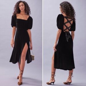 Reformation Jocelyn Velvet Corset Lace Back Puff Sleeve Midi Dress Black